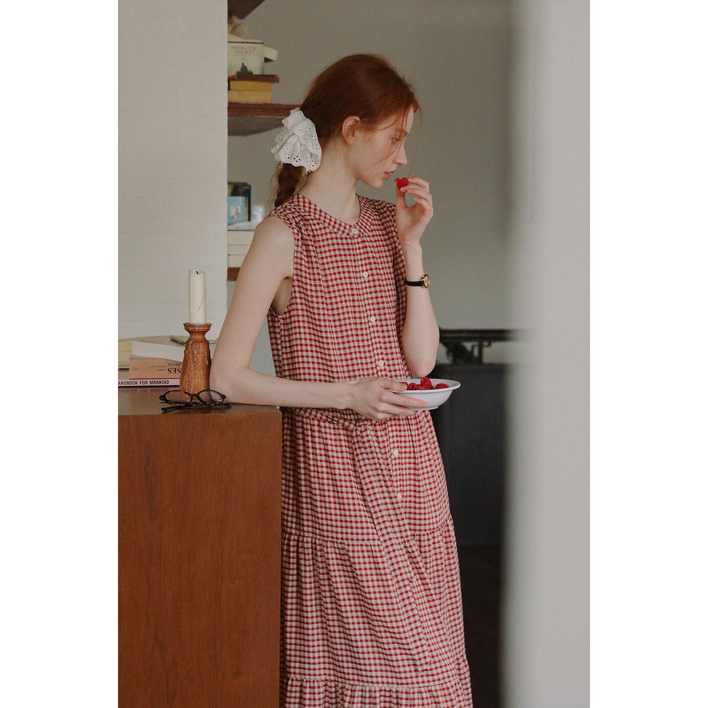 Sleeveless Band-Collar Gingham Seersucker Dress