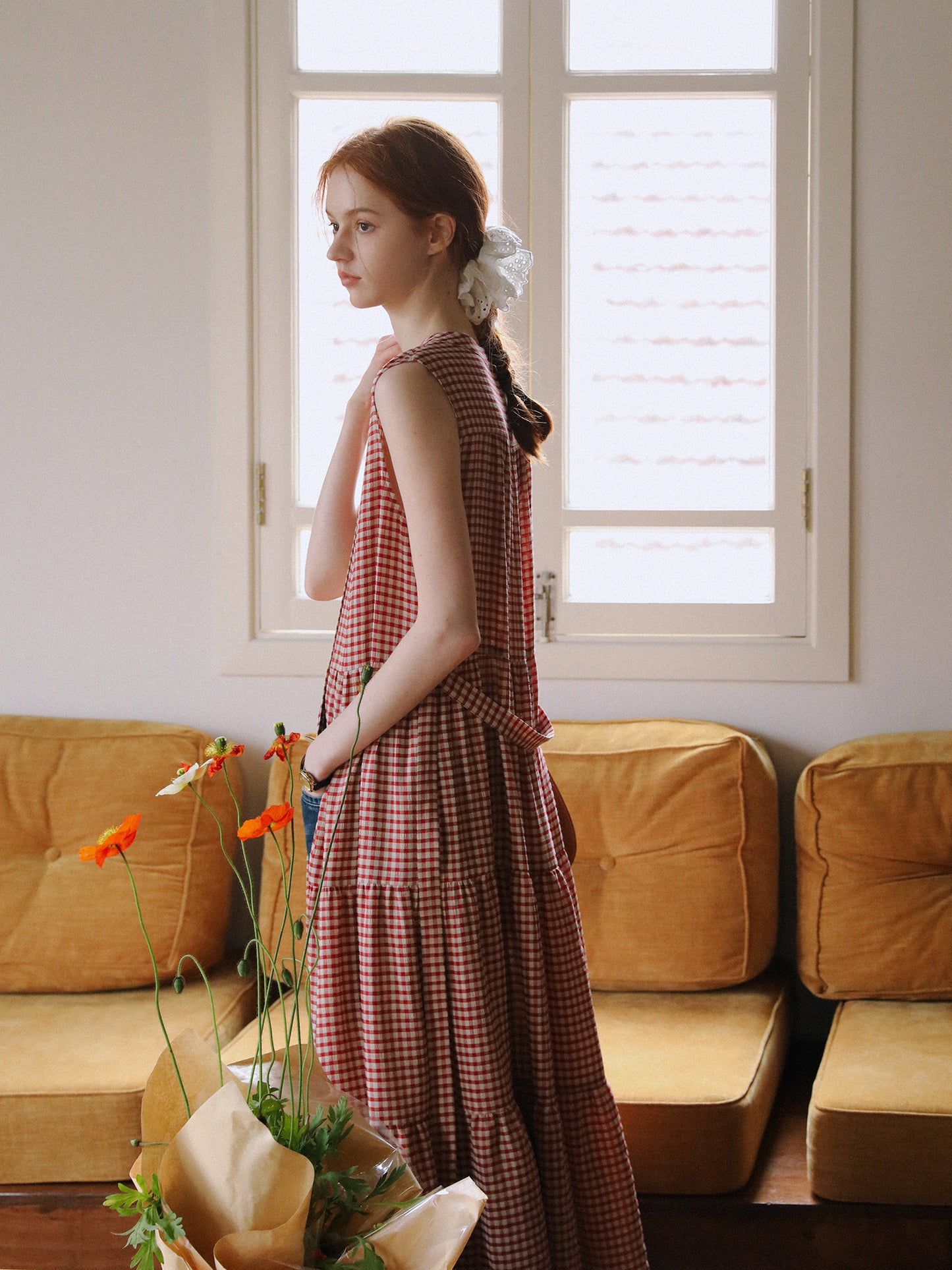 Sleeveless Band-Collar Gingham Seersucker Dress
