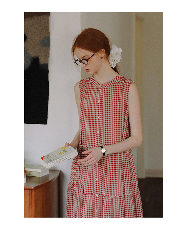Sleeveless Band-Collar Gingham Seersucker Dress