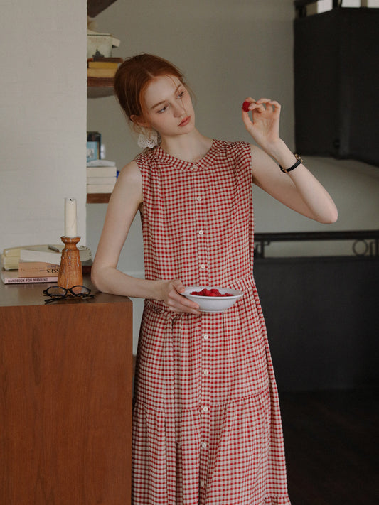 Sleeveless Band-Collar Gingham Seersucker Dress