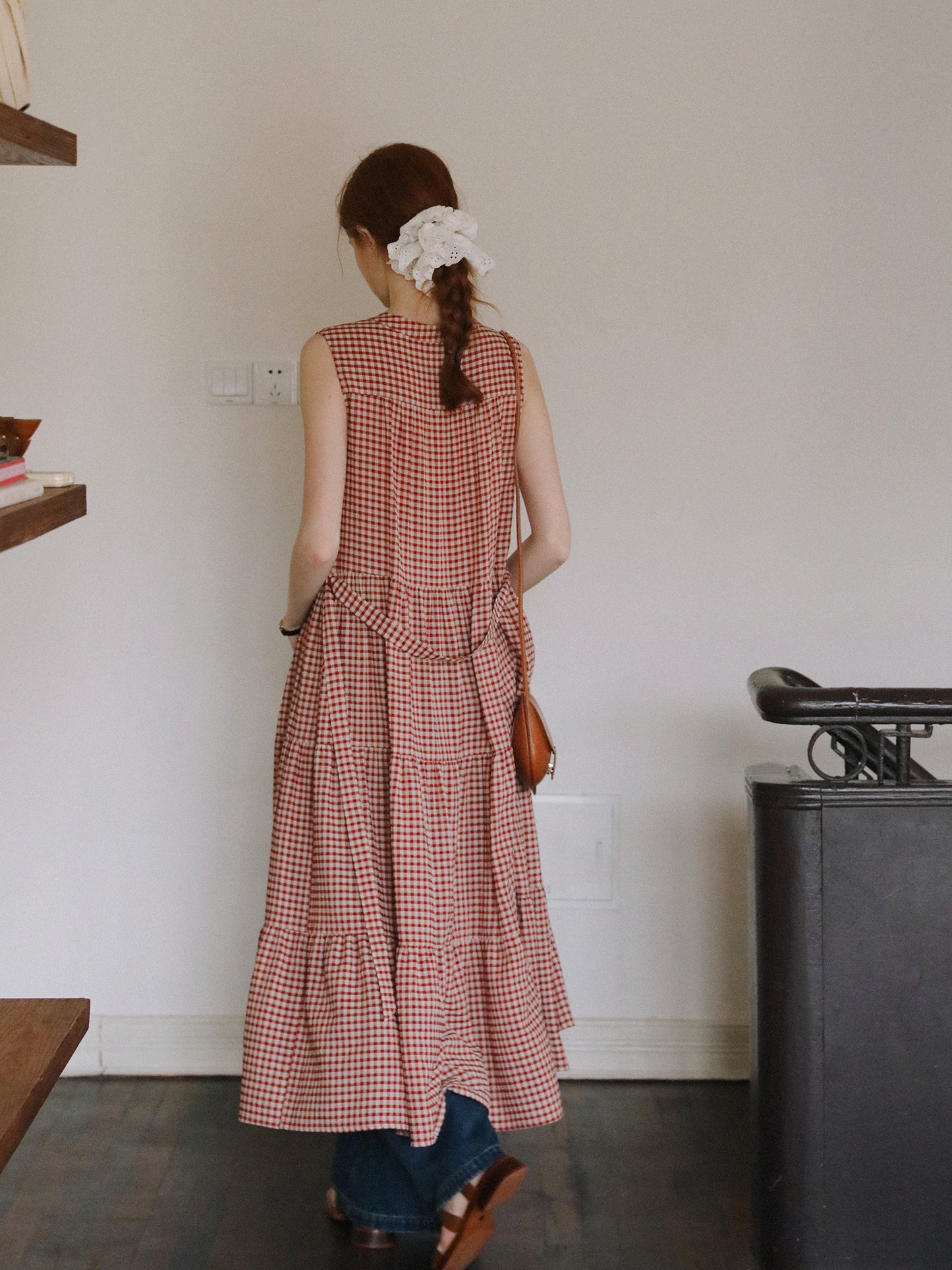 Sleeveless Band-Collar Gingham Seersucker Dress