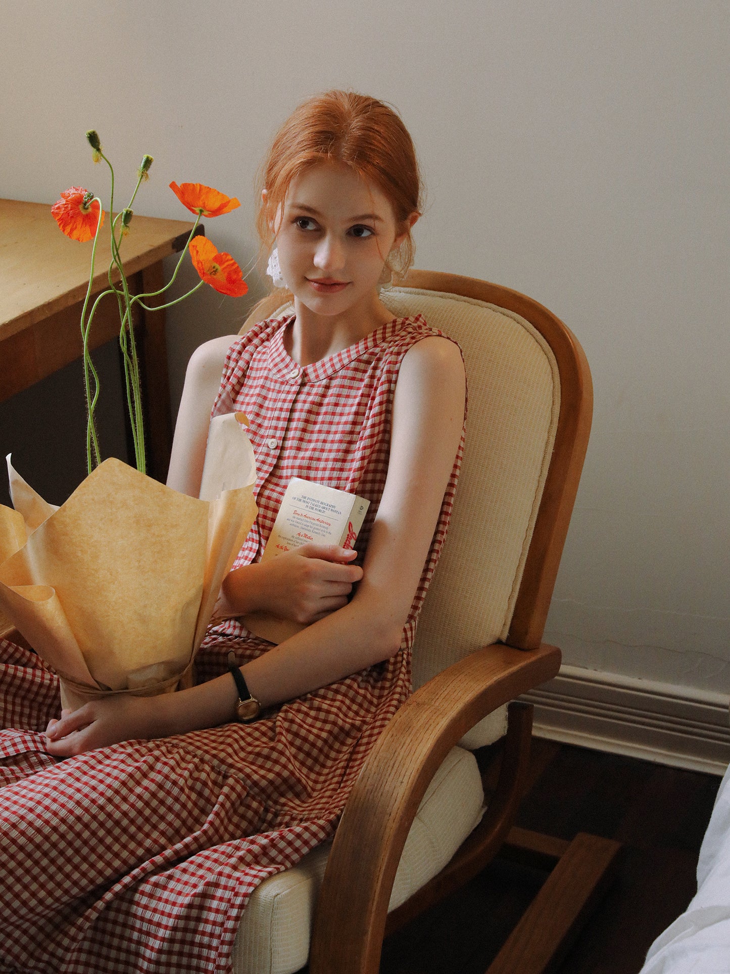Sleeveless Band-Collar Gingham Seersucker Dress
