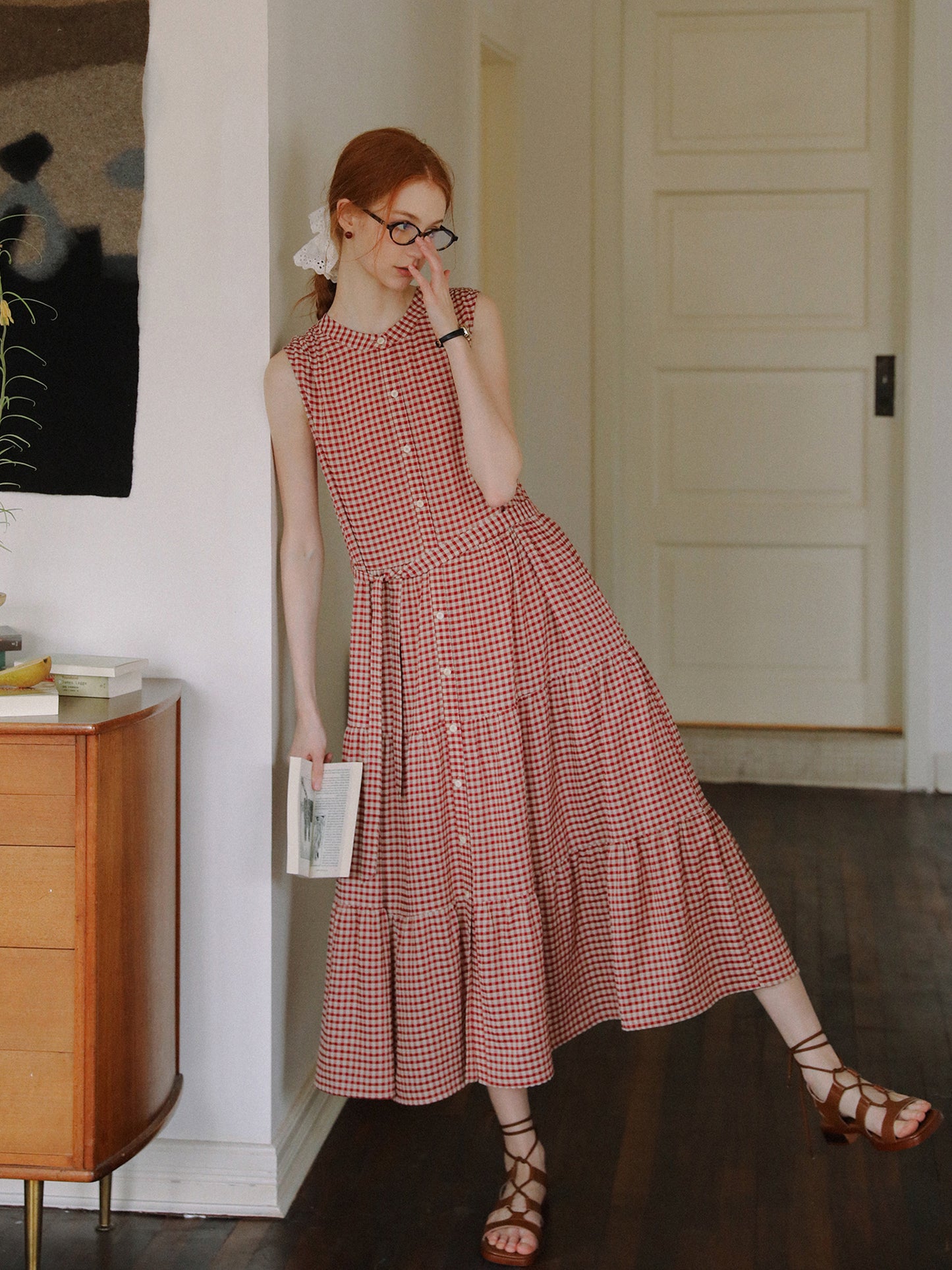 Sleeveless Band-Collar Gingham Seersucker Dress