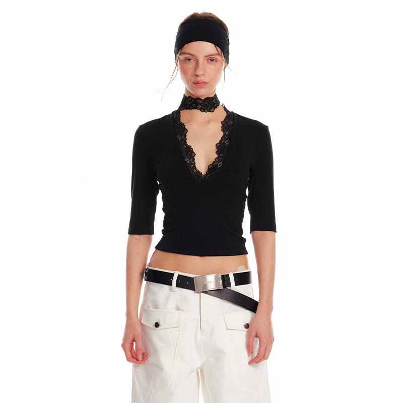 Deep V-Neck Lace Top With Elbow Sleeves