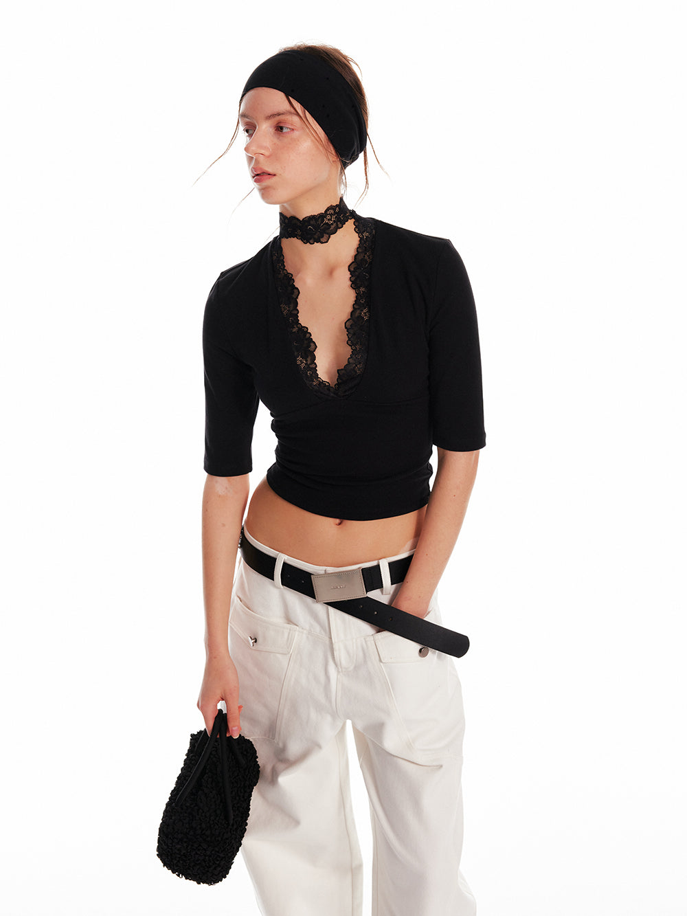 Deep V-Neck Lace Top With Elbow Sleeves