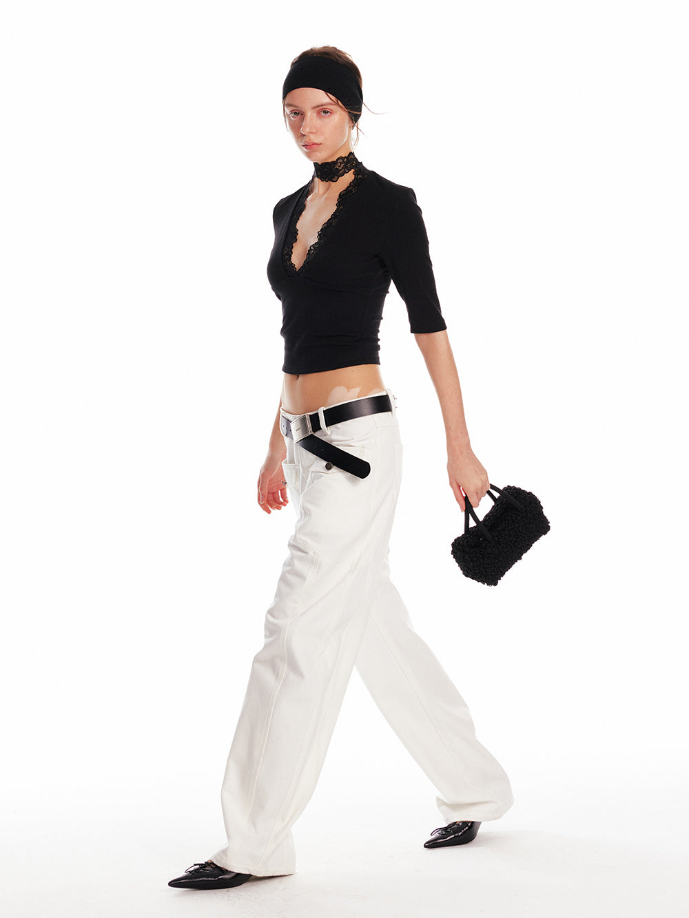 Deep V-Neck Lace Top With Elbow Sleeves