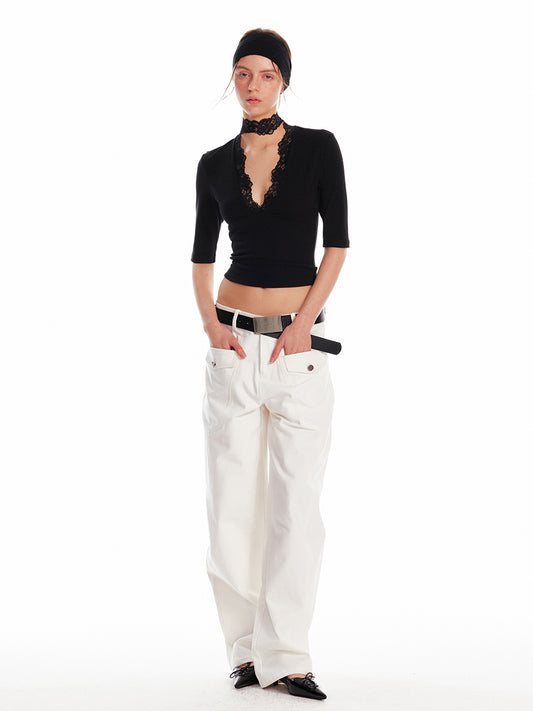 Deep V-Neck Lace Top With Elbow Sleeves