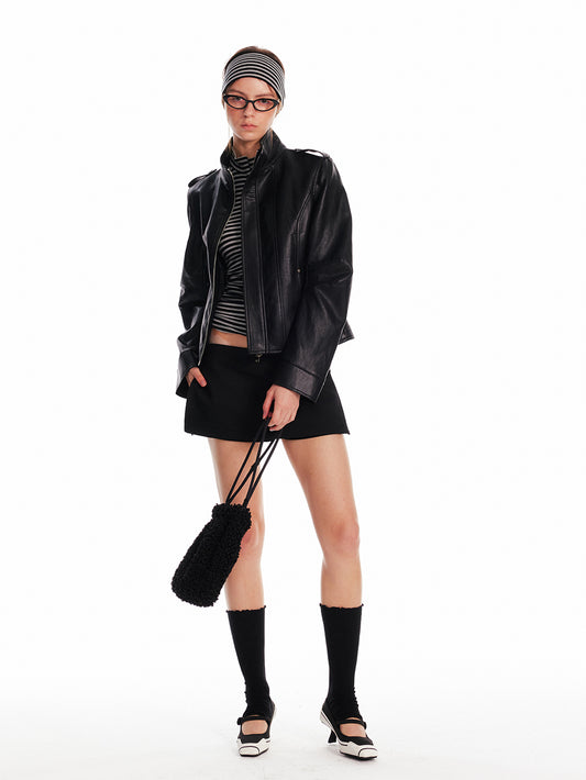 Stand Collar Zip-Up Faux Leather Jacket