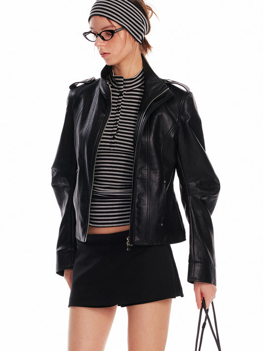 Stand Collar Zip-Up Faux Leather Jacket
