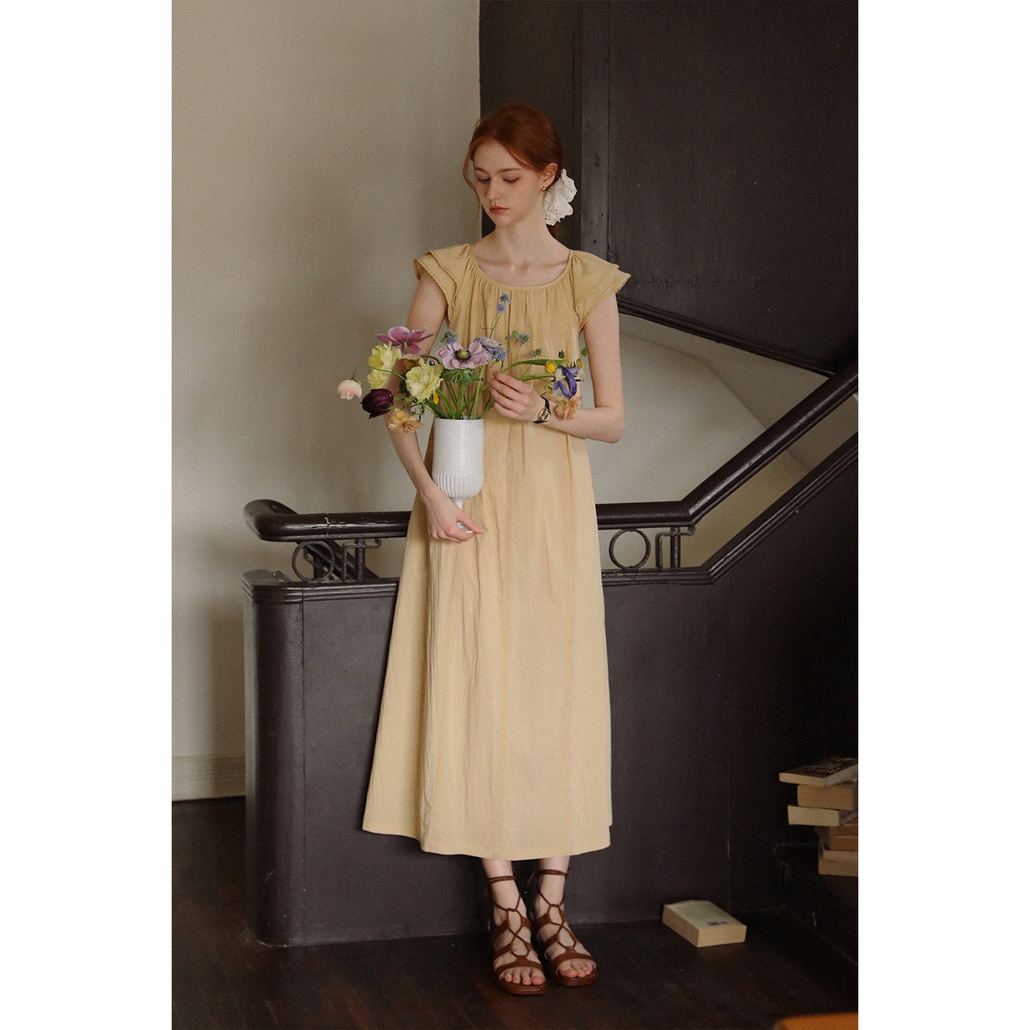 Lace-Detailed Butterfly-Sleeve Dress With Back Tie