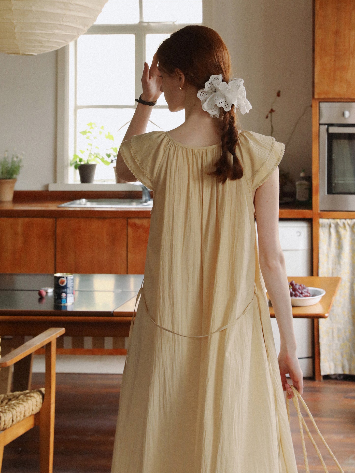 Lace-Detailed Butterfly-Sleeve Dress With Back Tie