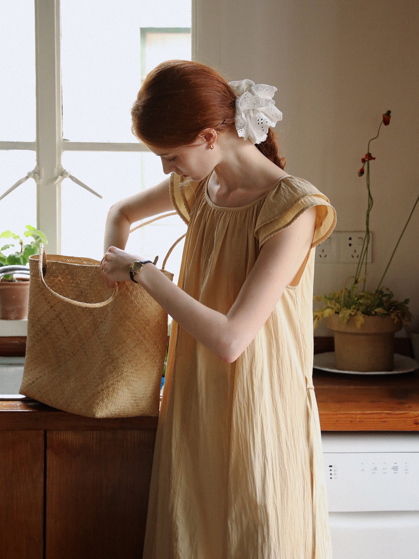 Lace-Detailed Butterfly-Sleeve Dress With Back Tie