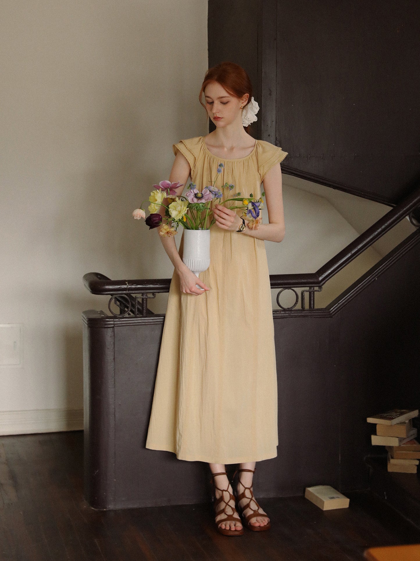 Lace-Detailed Butterfly-Sleeve Dress With Back Tie