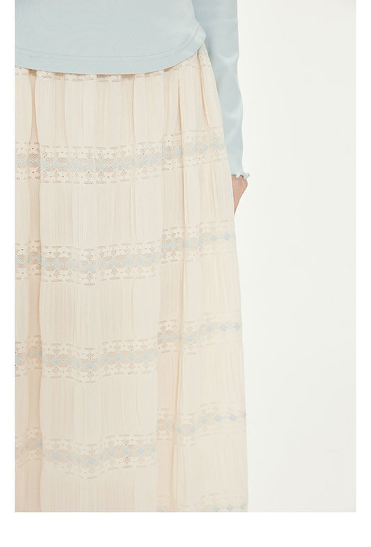 Floral Lace Embroidery Crinkled Textured Skirt