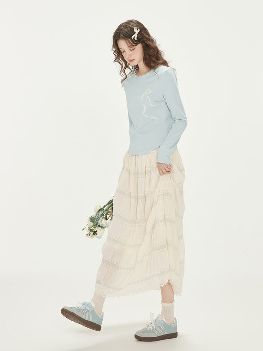 Floral Lace Embroidery Crinkled Textured Skirt