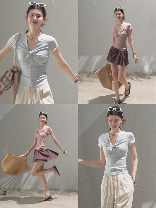 Bow Knot T-Shirt With Beaded Neck