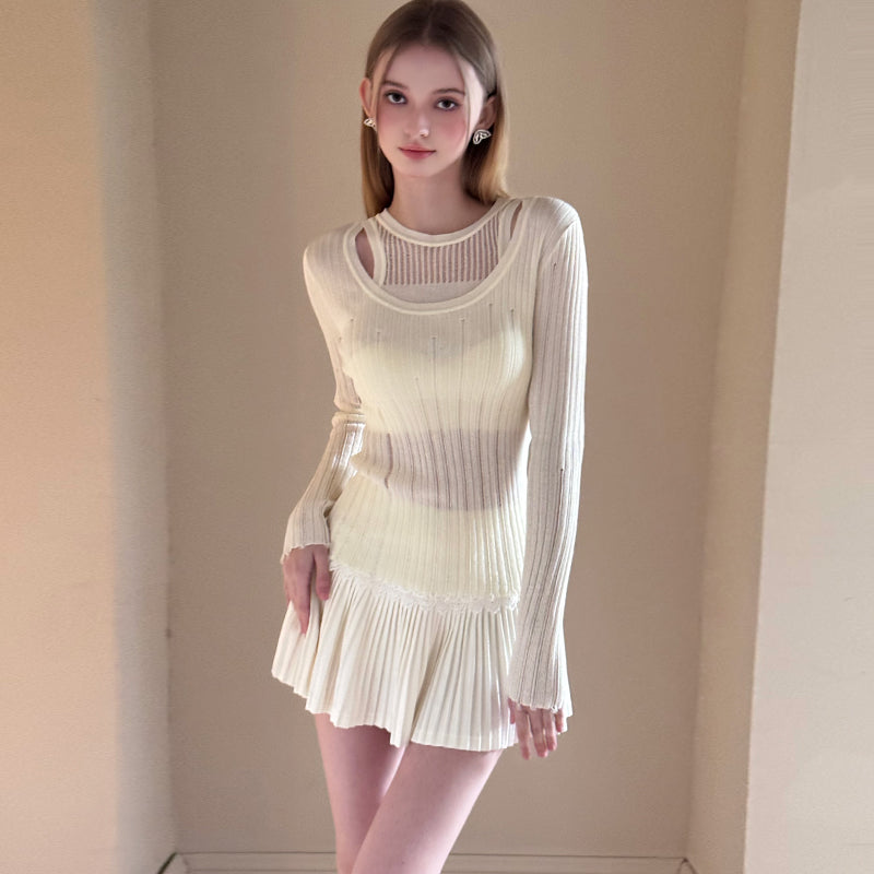 Layered-Look Distressed Rib Knit Top & Skirt