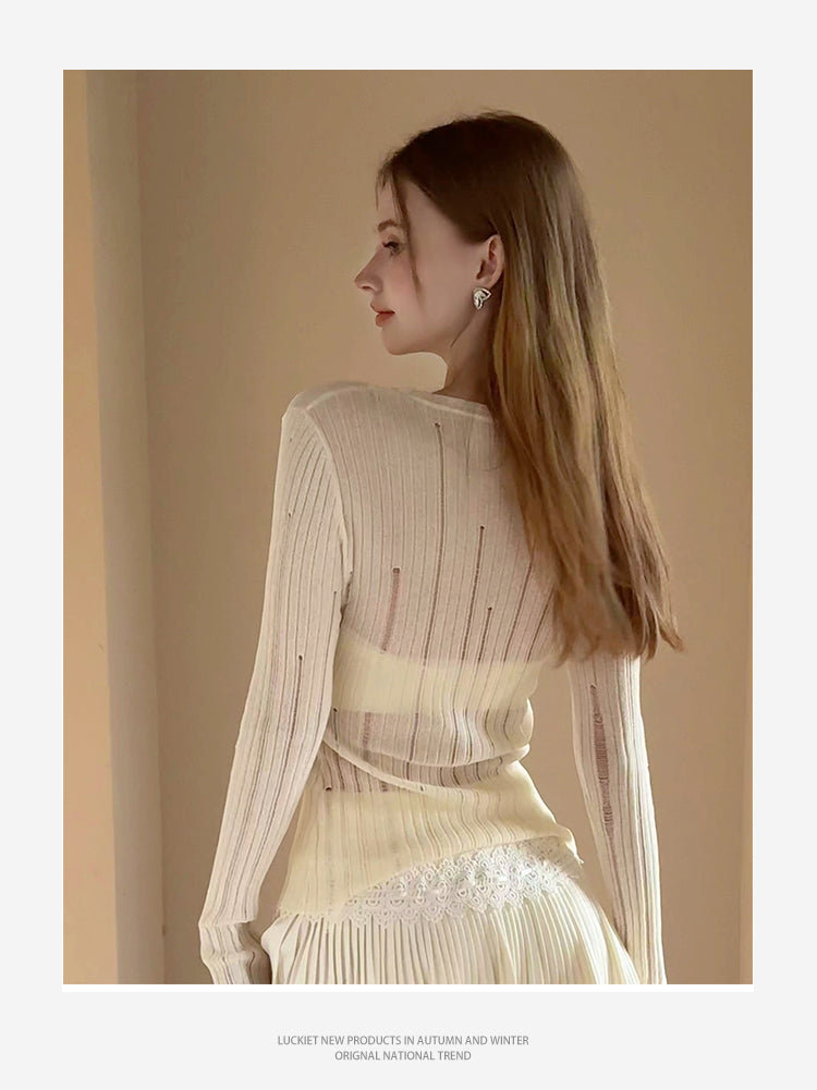 Layered-Look Distressed Rib Knit Top & Skirt