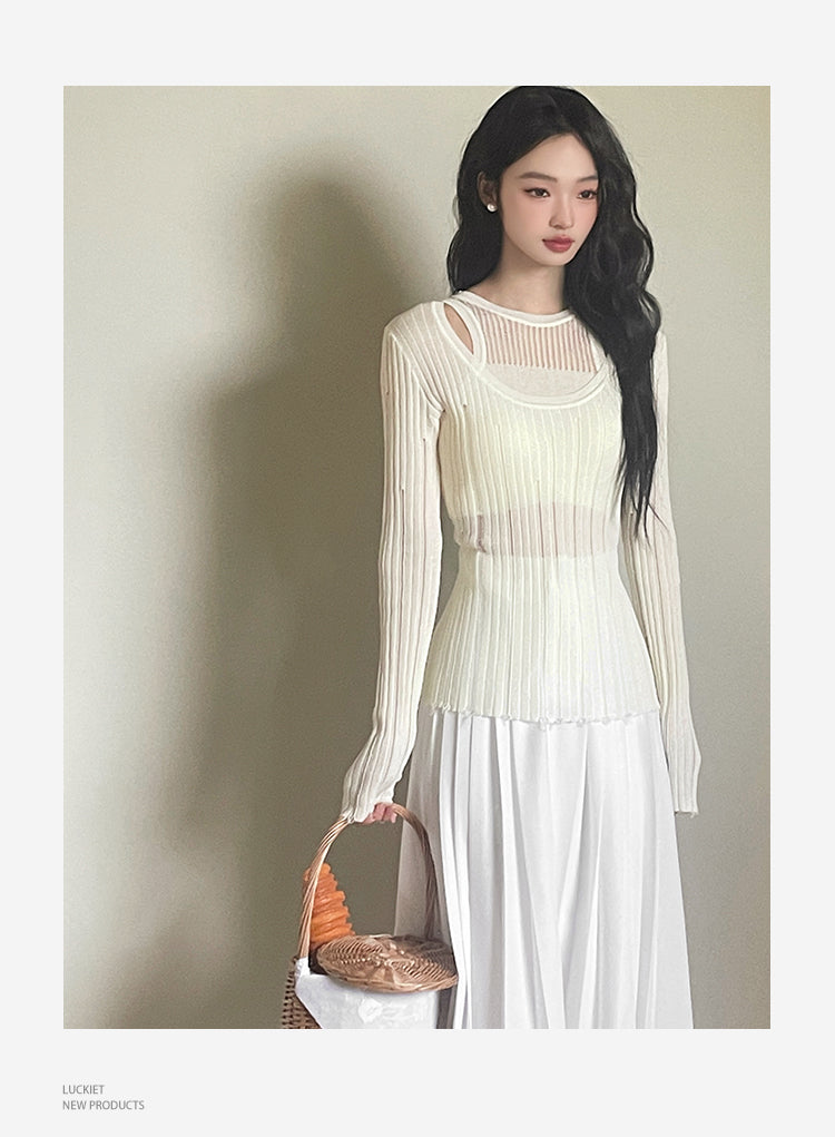 Layered-Look Distressed Rib Knit Top & Skirt