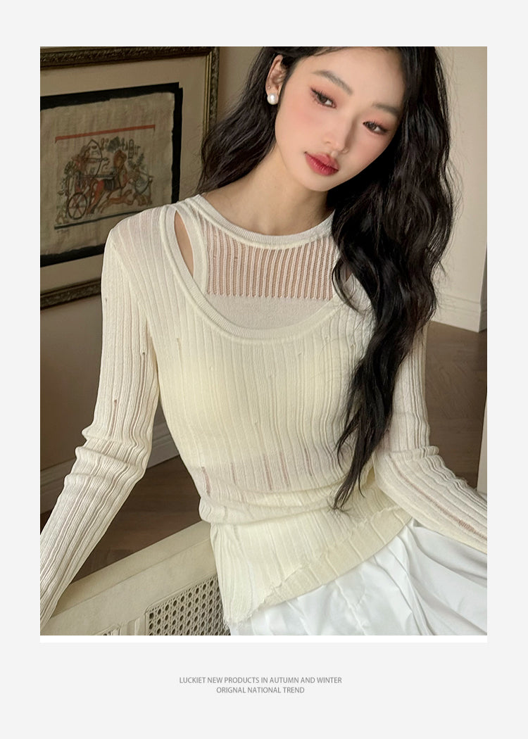 Layered-Look Distressed Rib Knit Top & Skirt