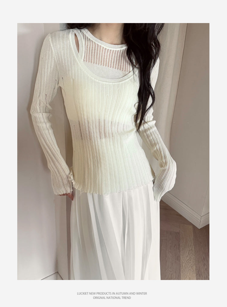 Layered-Look Distressed Rib Knit Top & Skirt