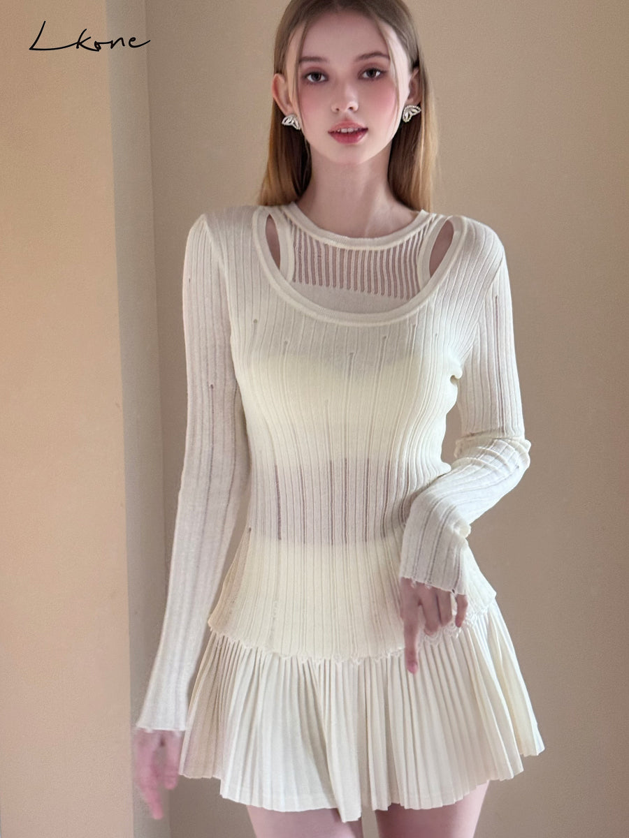 Layered-Look Distressed Rib Knit Top & Skirt