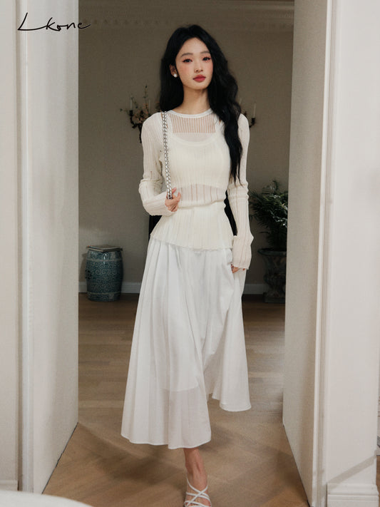 Layered-Look Distressed Rib Knit Top & Skirt