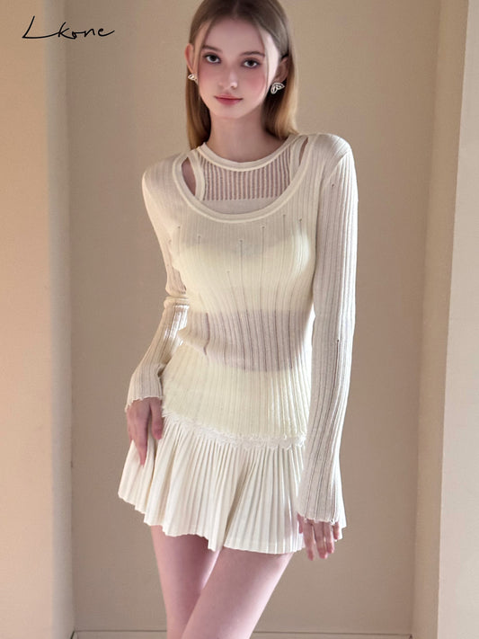 Layered-Look Distressed Rib Knit Top & Skirt