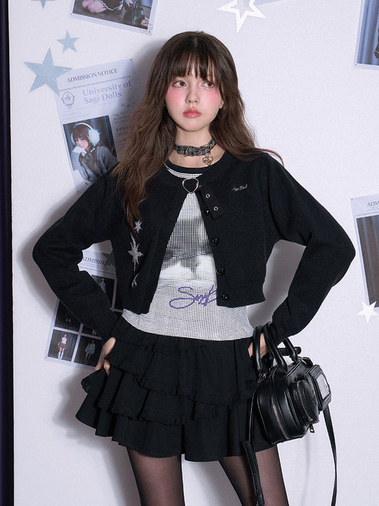 Cropped Cardigan With Belt & Heart Button Closure