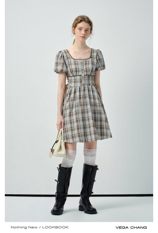 Puff Sleeve Plaid Dress With Lace-Up Waist