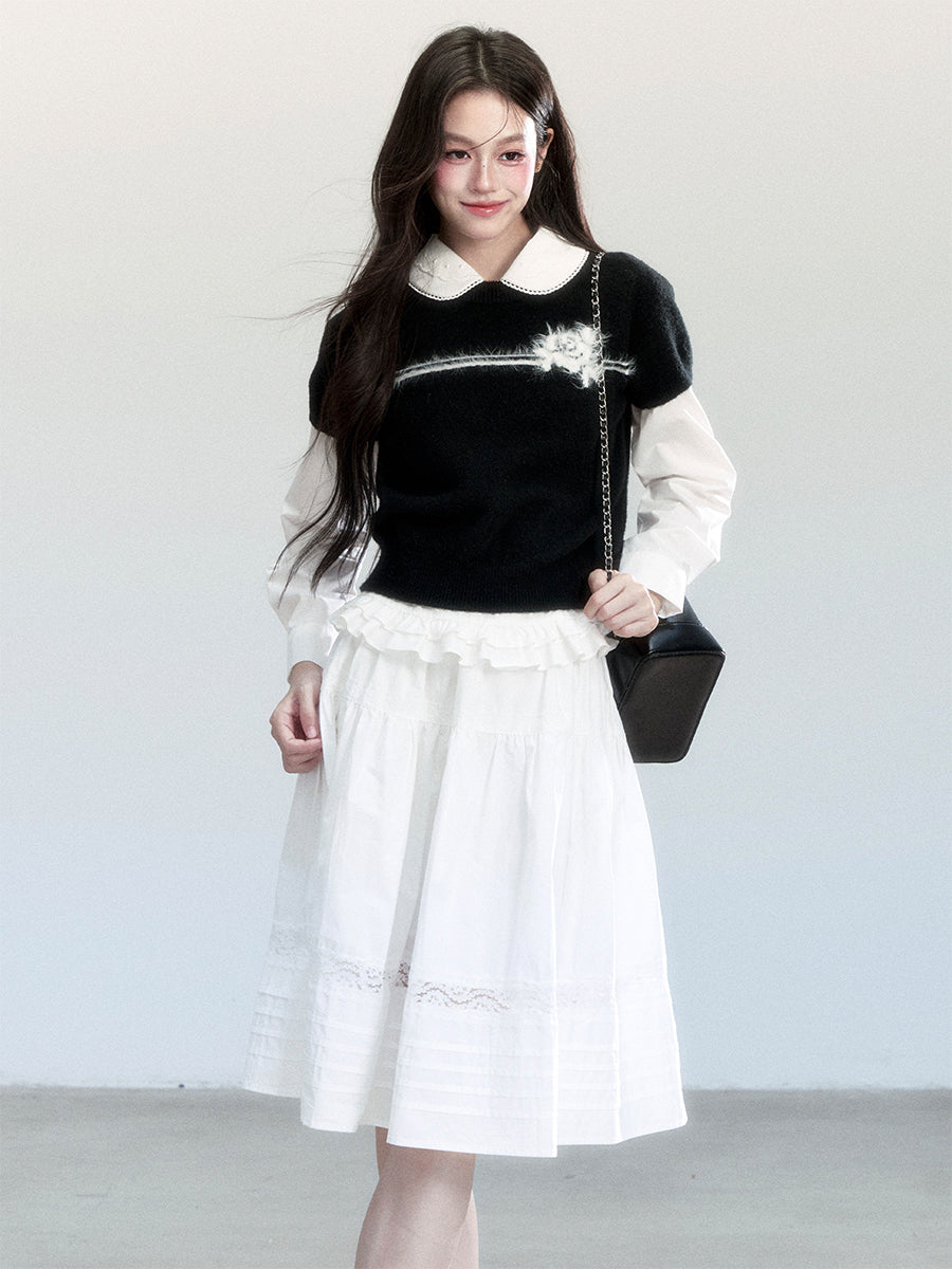 Flower Motif Puff-Sleeve Knit Top