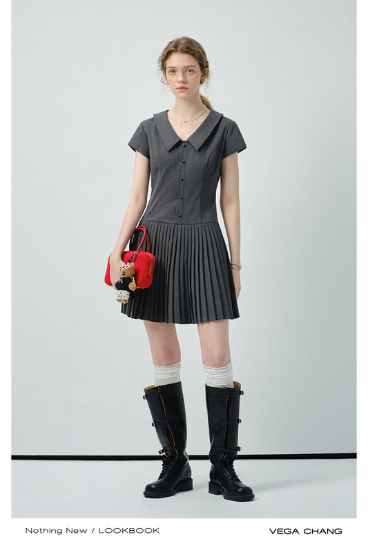 Striped Zip-Up Pleated Shirt Dress