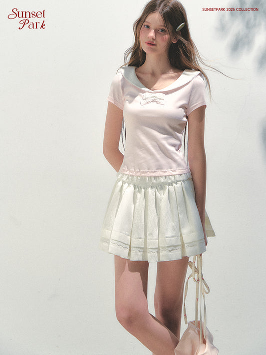 Collared T-Shirt With Lace Trim And Bow