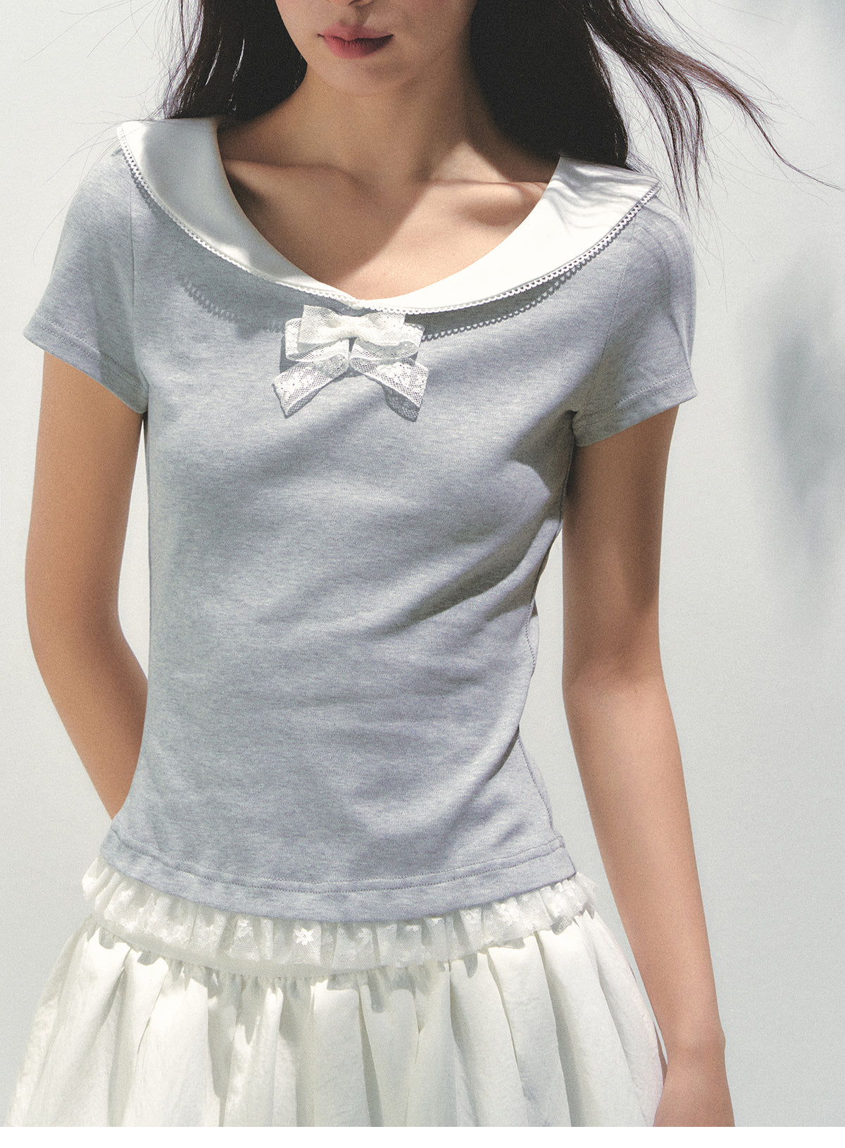 Collared T-Shirt With Lace Trim And Bow