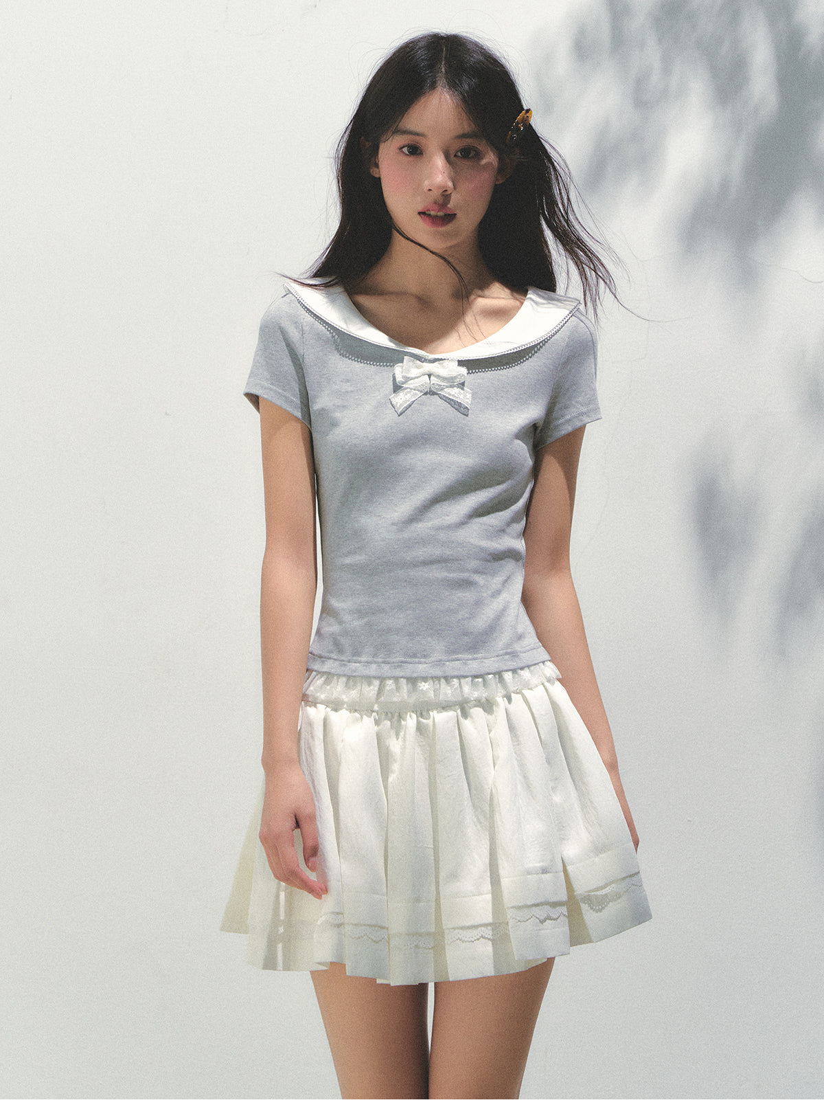 Collared T-Shirt With Lace Trim And Bow