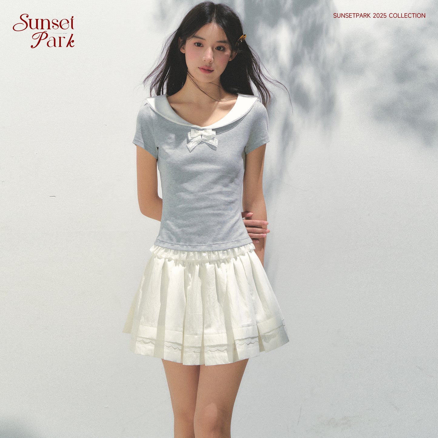Collared T-Shirt With Lace Trim And Bow