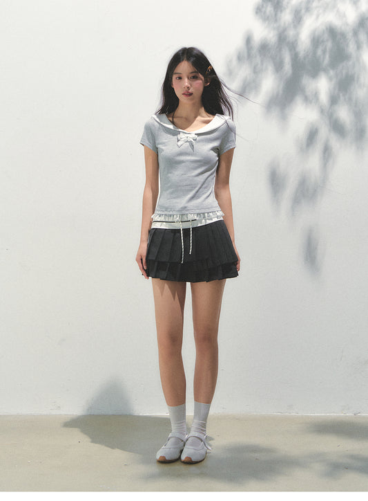 Collared T-Shirt With Lace Trim And Bow