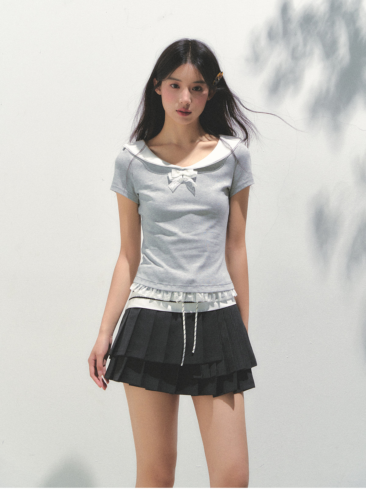 Collared T-Shirt With Lace Trim And Bow