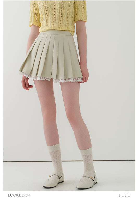 Lace Trimmed High Waist Pleated Skirt