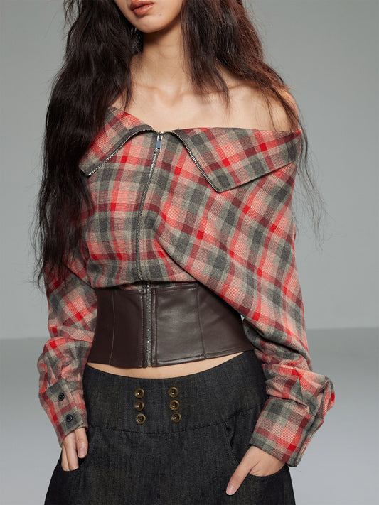 Convertible Zip-Up Plaid Top
