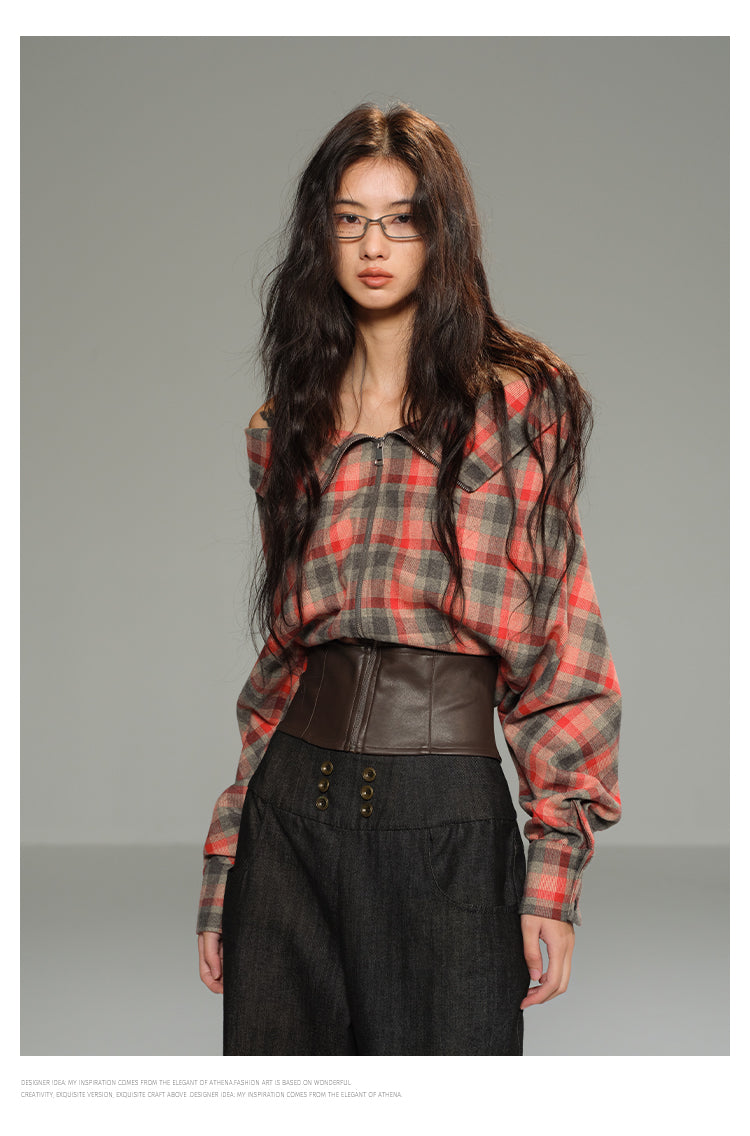 Convertible Zip-Up Plaid Top