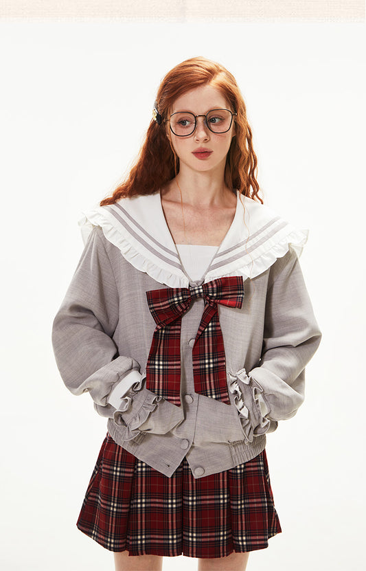 Frilled Sailor Collar Jacket With Plaid Bow