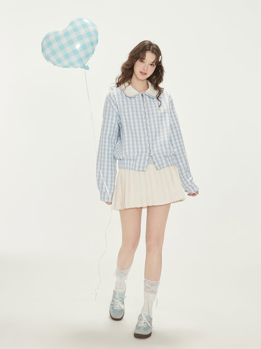 Gingham Zip-Up Jacket With Double Peter Pan Collar