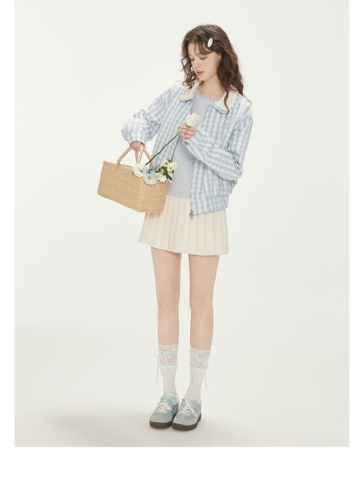 Gingham Zip-Up Jacket With Double Peter Pan Collar