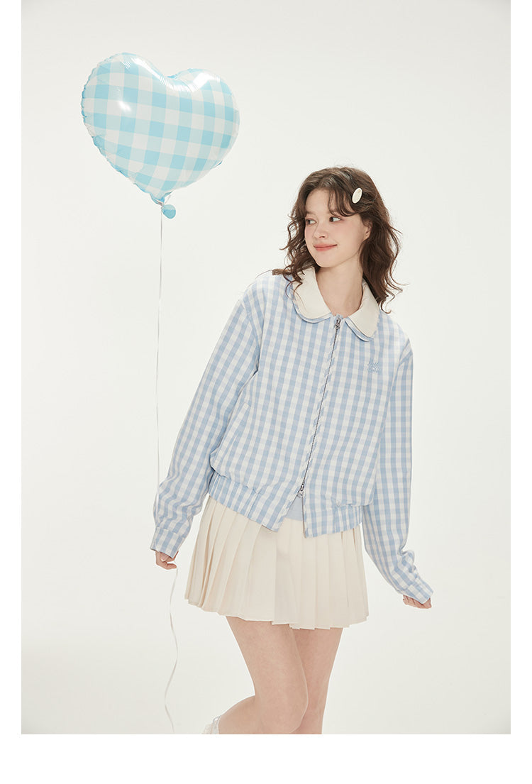 Gingham Zip-Up Jacket With Double Peter Pan Collar