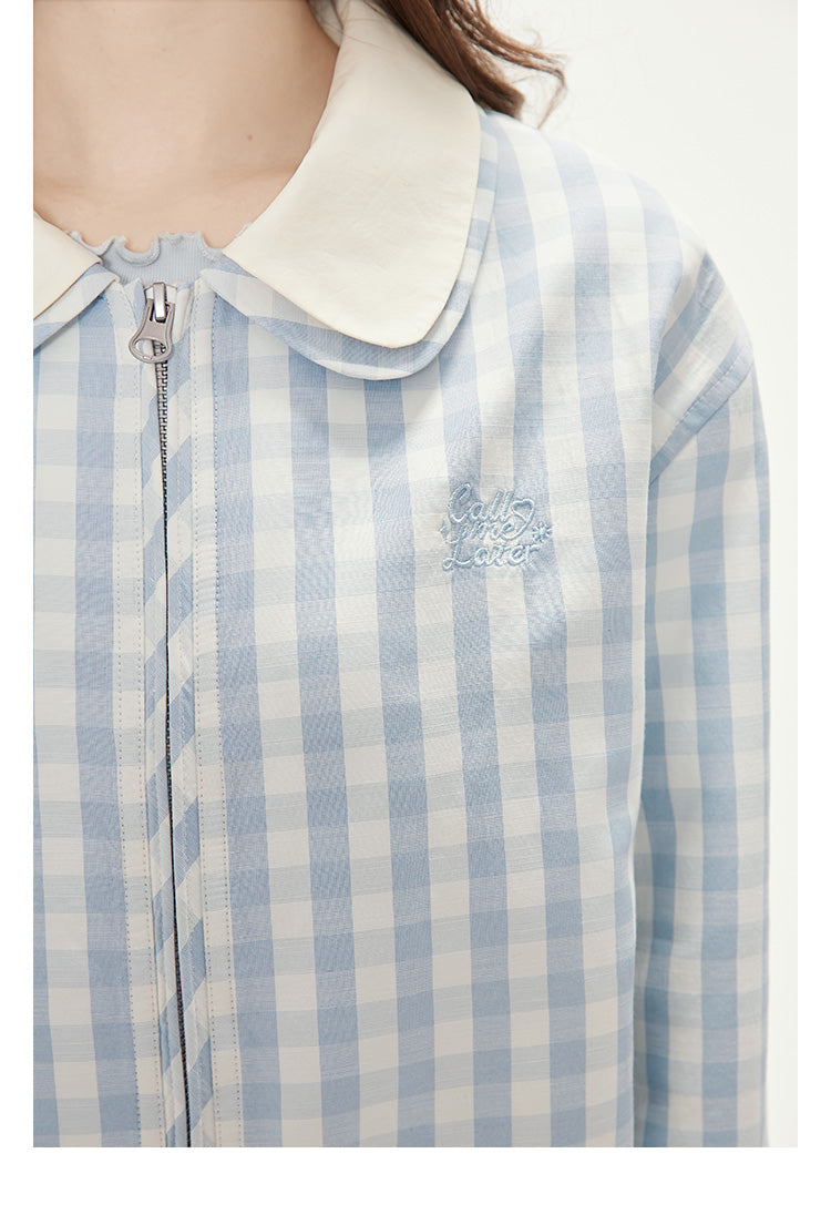 Gingham Zip-Up Jacket With Double Peter Pan Collar