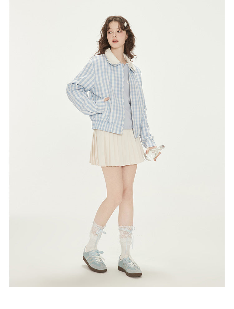 Gingham Zip-Up Jacket With Double Peter Pan Collar