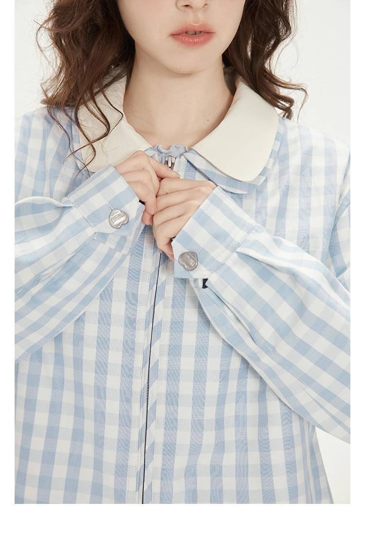 Gingham Zip-Up Jacket With Double Peter Pan Collar