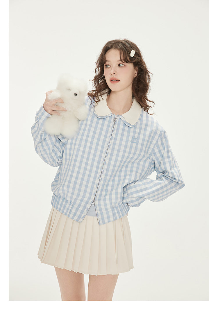 Gingham Zip-Up Jacket With Double Peter Pan Collar