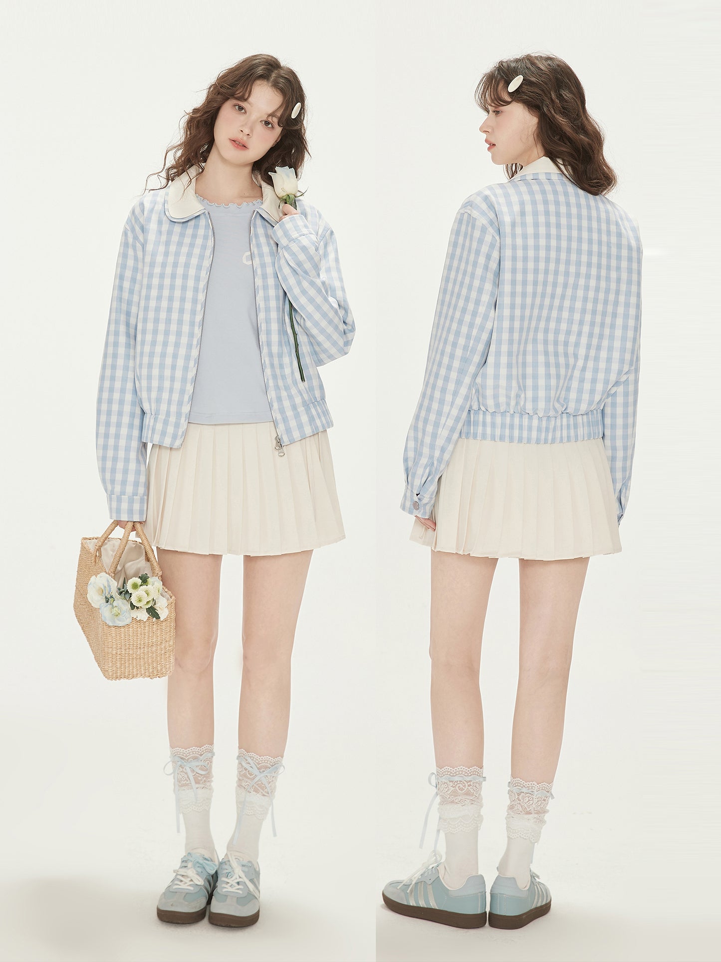 Gingham Zip-Up Jacket With Double Peter Pan Collar